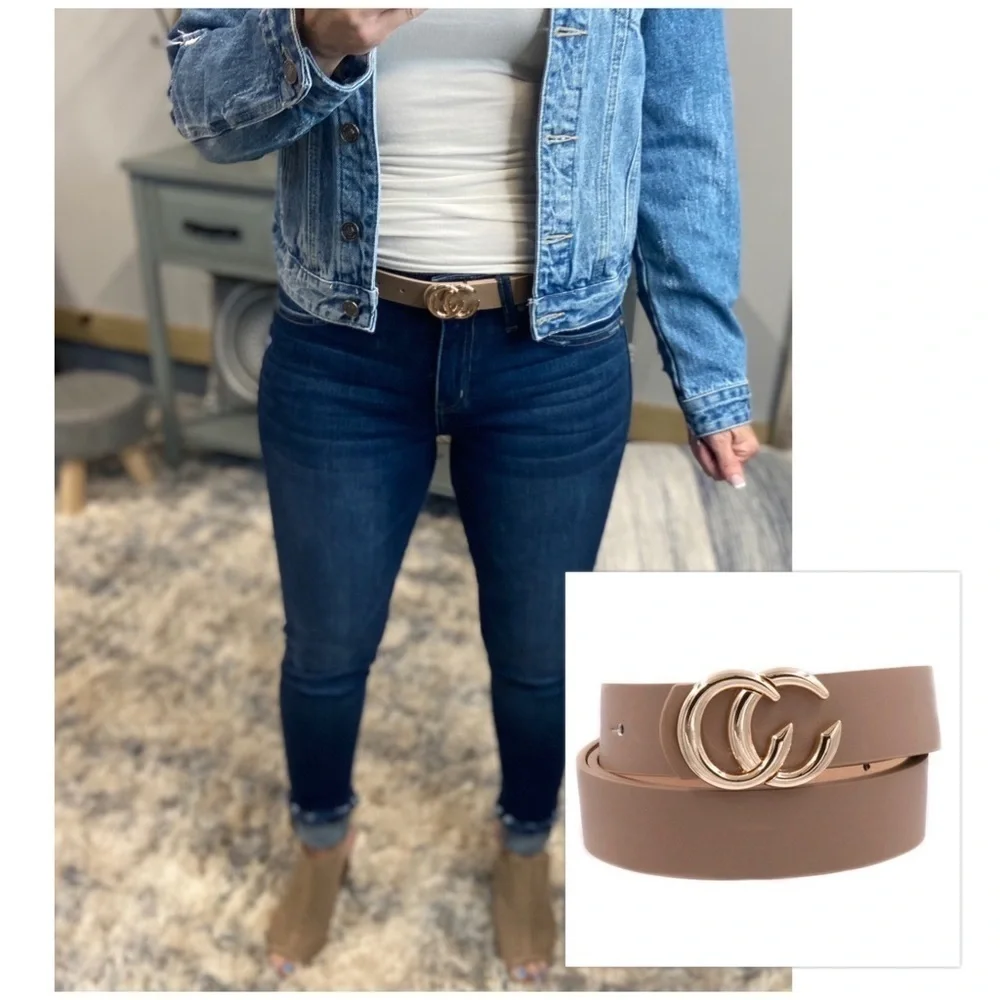 ❤️‍🔥RESTOCK Double C Faux Leather Belt Taupe 4621